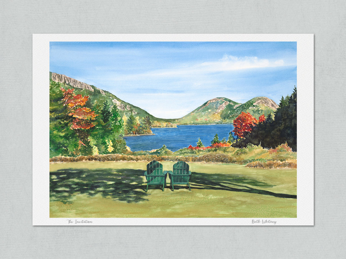Unmatted archival watercolor print of The Invitation, Jordan Pond and The Bubbles, Acadia National Park, on gray background.