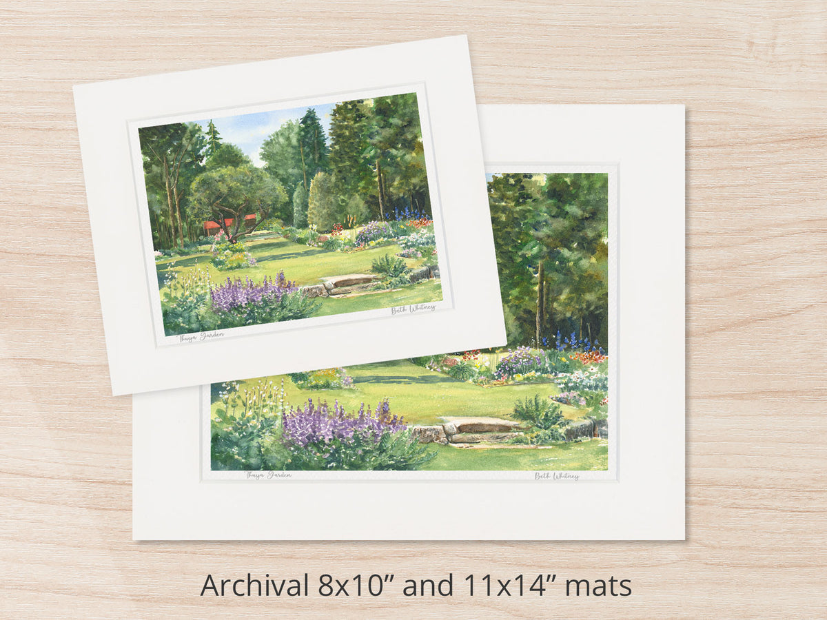 Archival watercolor prints of Thuya Garden, Northeast Harbor, Maine, shown in 8x10 and 11x14 mat sizes.