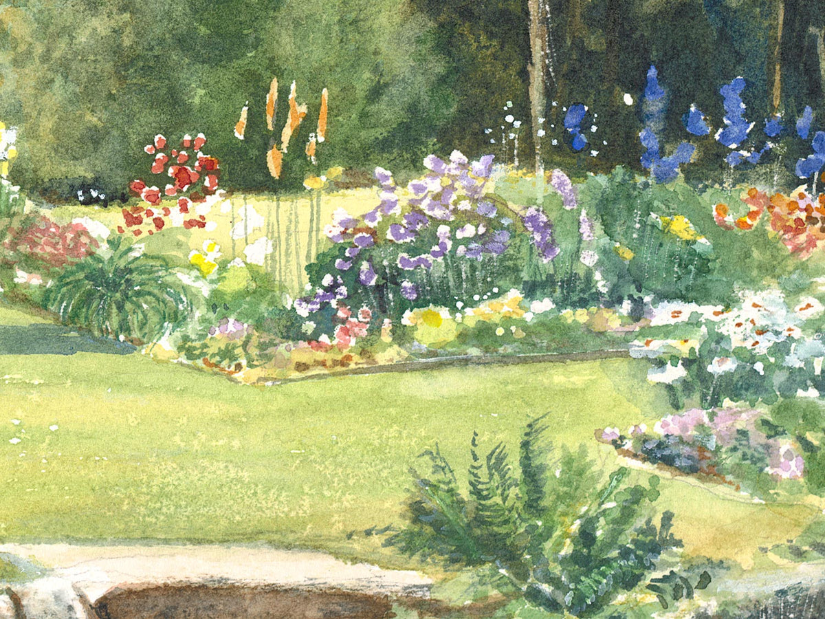 Close-up detail of original watercolor painting of Thuya Garden, showing brushwork in the colorful perennial borders and garden path.
