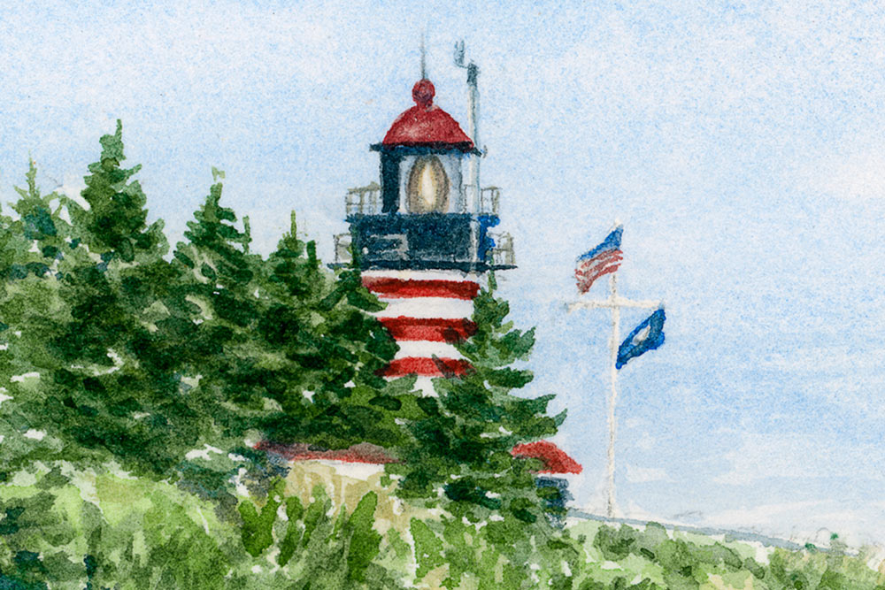 Close-up detail of original watercolor painting of West Quoddy Head Lighthouse tower with red and white stripes and flags
