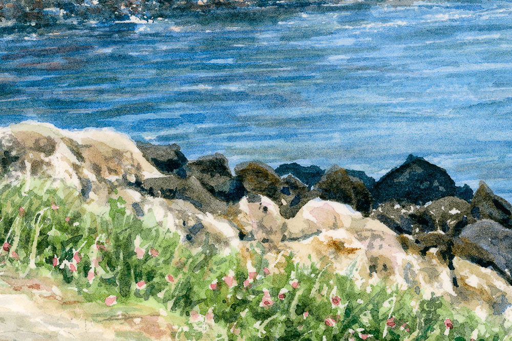 Close  up detail of West Quoddy Lighthouse in Lubec, Maine showing watercolor details in the rocks, ocean, and wildflowers.