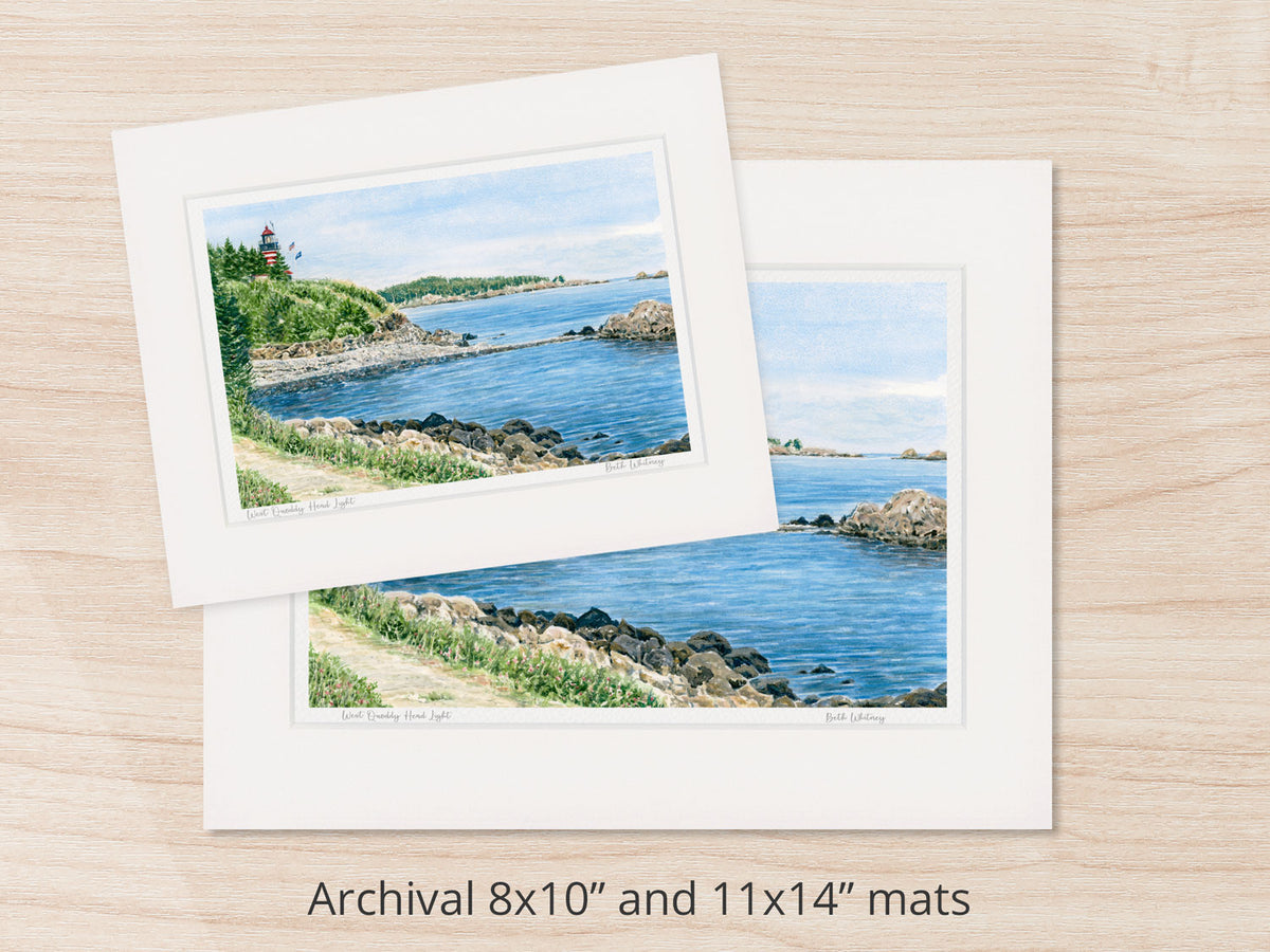 Archival watercolor prints of West Quoddy Head Light, Lubec, Maine, shown in 8x10 and 11x14 mat sizes.