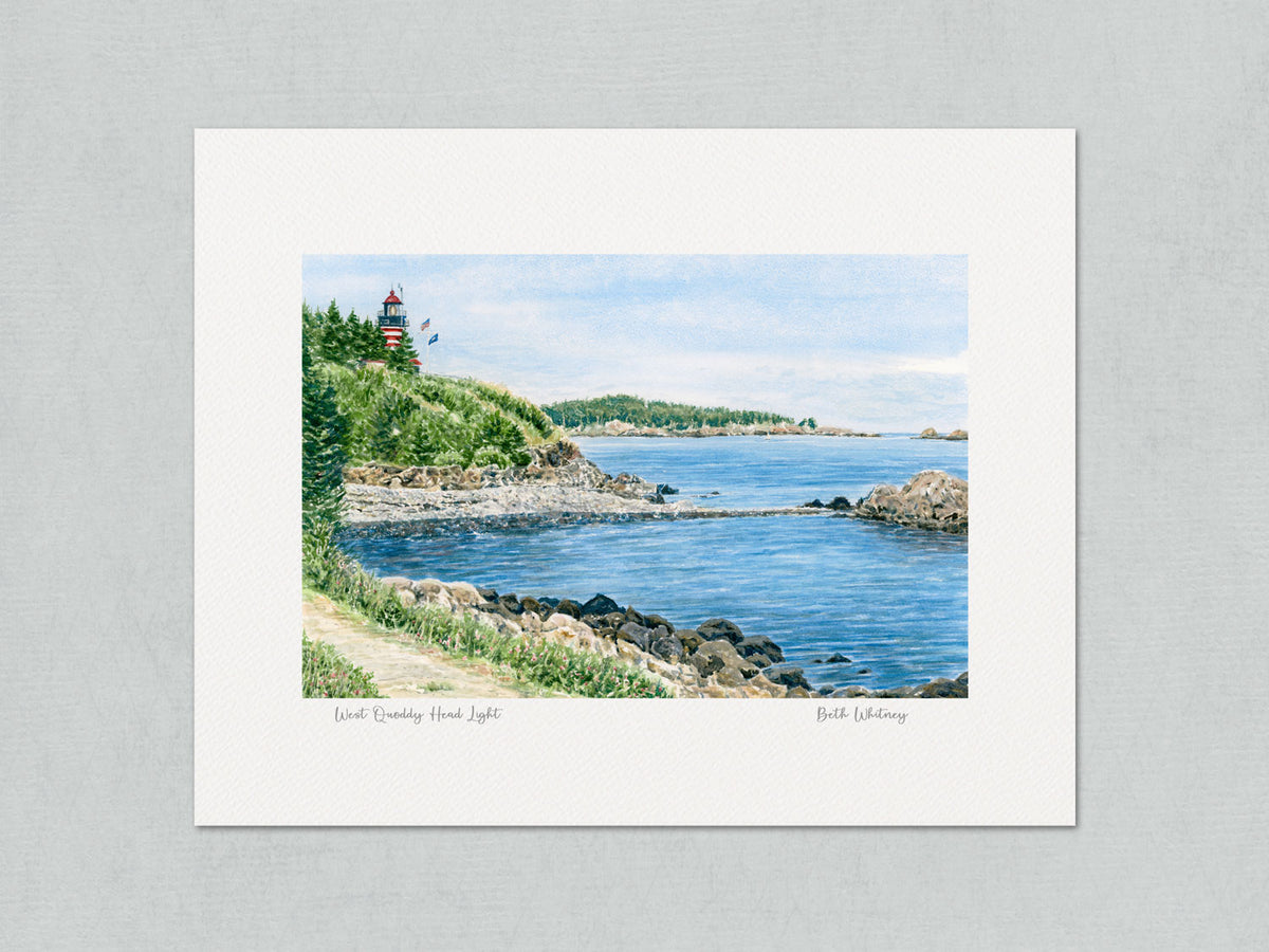 Unmatted archival watercolor print of West Quoddy Head Light, Lubec, Maine, on gray background.