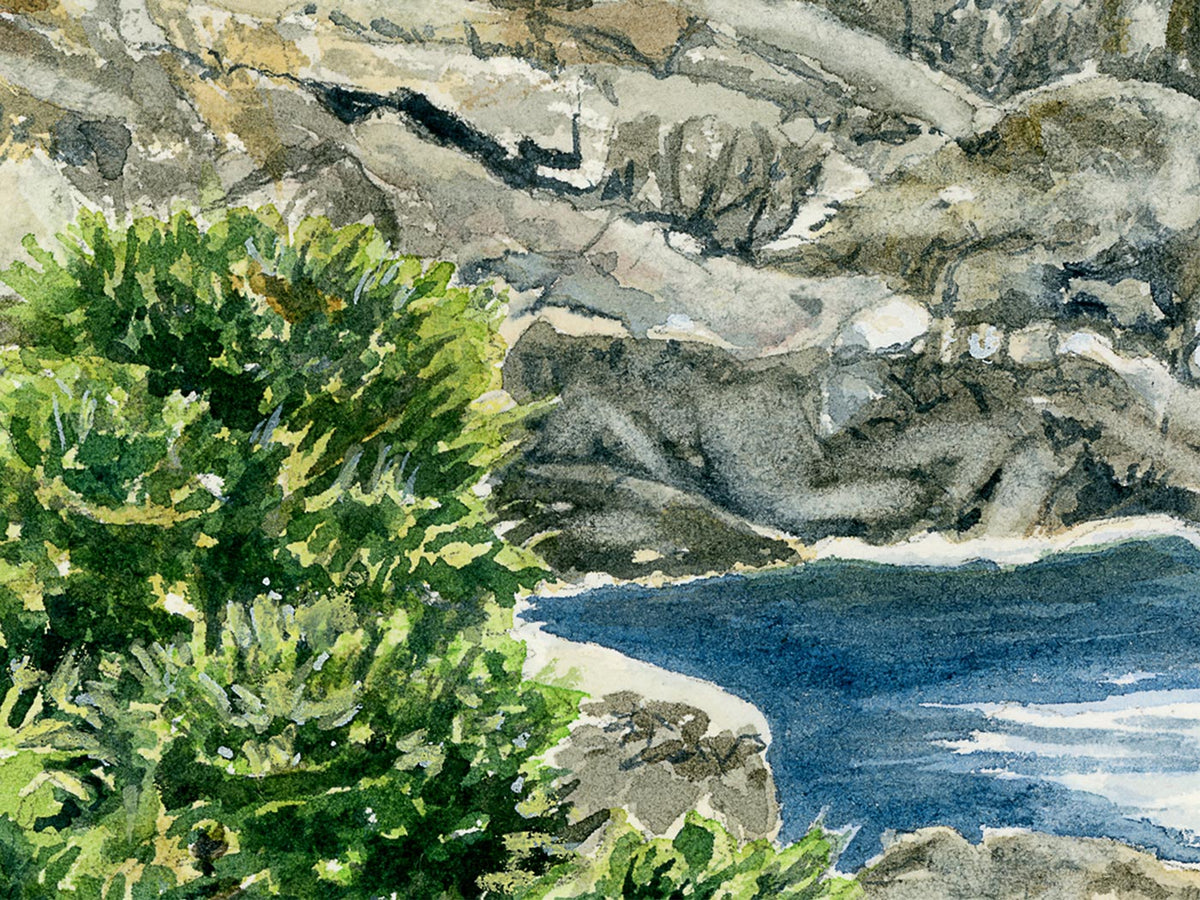 Close-up detail of original watercolor painting of Whitehead, showing the dramatic cliff face and crashing waves on Monhegan Island.