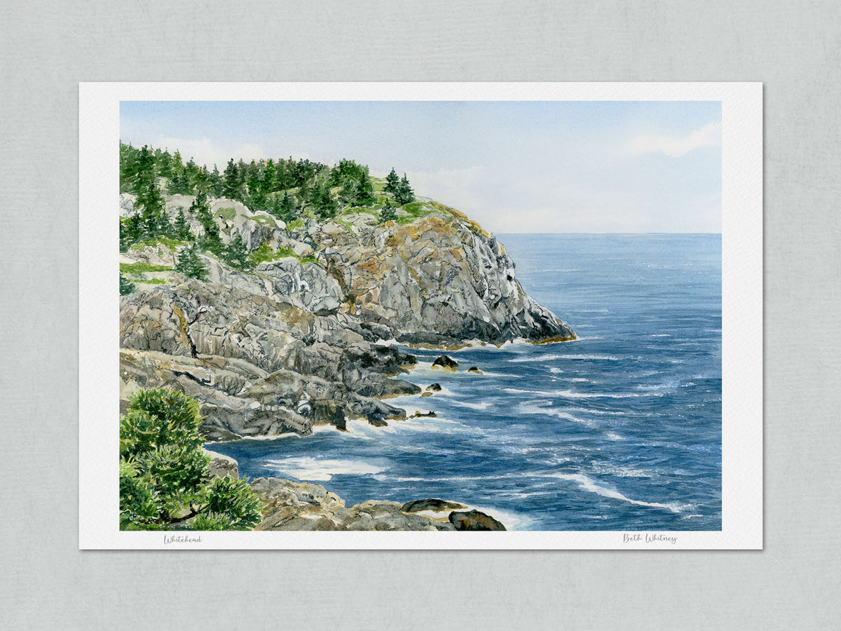 Unmatted archival watercolor print of Whitehead, Monhegan Island, Maine, with artist's signature and painting title on gray background.