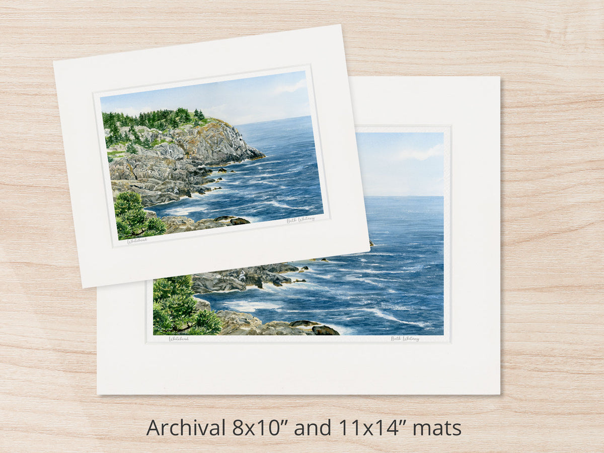 Archival watercolor prints of Whitehead, Monhegan Island, Maine, shown in 8x10 and 11x14 mat sizes.