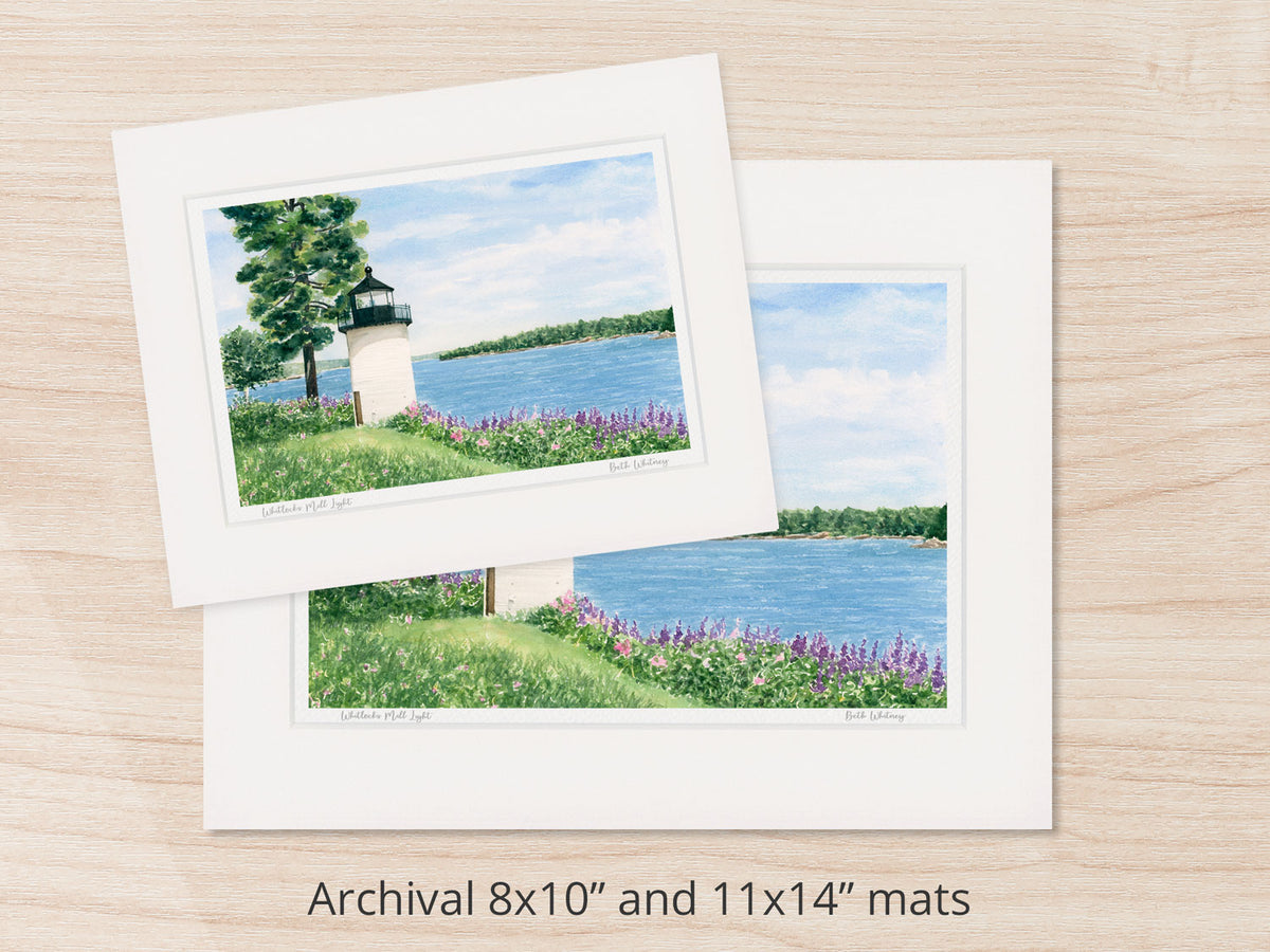 Archival watercolor prints of Whitlocks Mill Light, Calais, Maine, shown in 8x10 and 11x14 mat sizes.