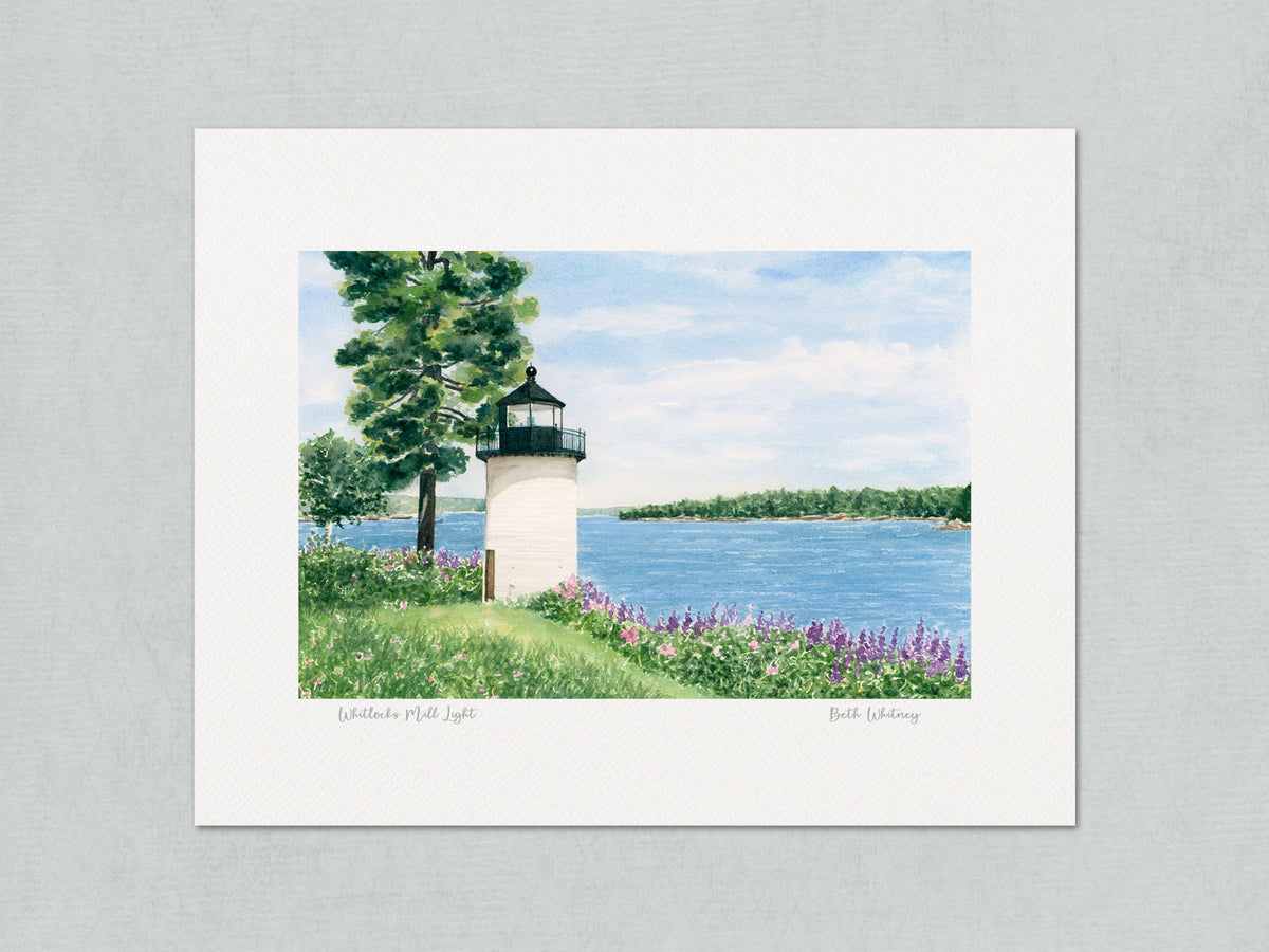 Unmatted archival watercolor print of Whitlocks Mill Light, Calais, Maine with artist's signature and painting title, on gray background.