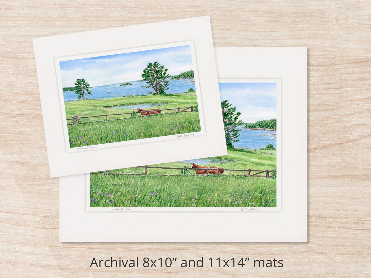 Archival watercolor prints of Windswept View, East Blue Hill, Maine, shown in 8x10 and 11x14 mat sizes.