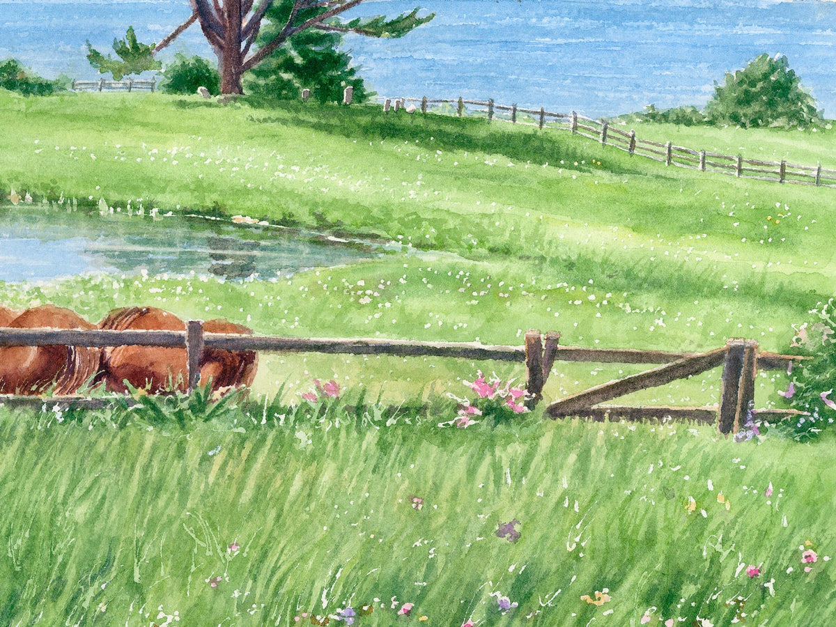 Close-up detail brushwork for original watercolor painting of Windswept View, showing horses, farm pond, fence, and pasture.