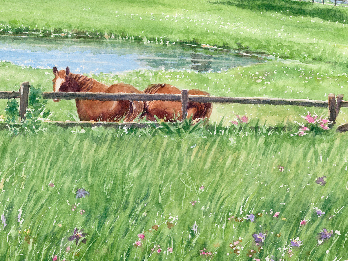 Close-up detail of original watercolor painting of Windswept View, showing the farm pond and wildflowers in the foreground.