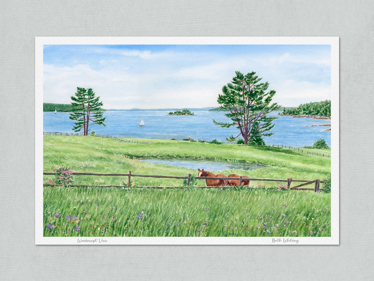 Unmatted archival watercolor print of Windswept View, East Blue Hill, Maine, on gray background.