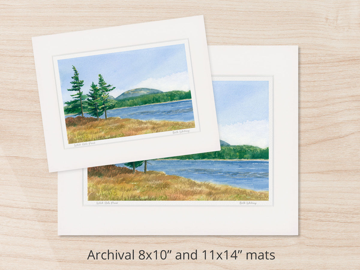 Archival watercolor prints of Witch Hole Pond, Acadia National Park, Maine, shown in 8x10 and 11x14 mat sizes.