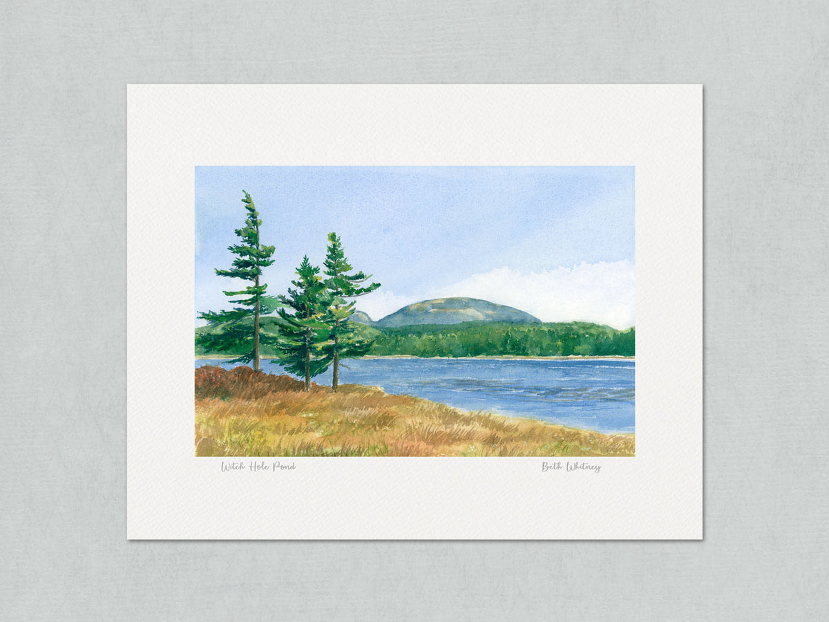 Unmatted archival watercolor print of Witch Hole Pond, Acadia National Park, Maine, on gray background.