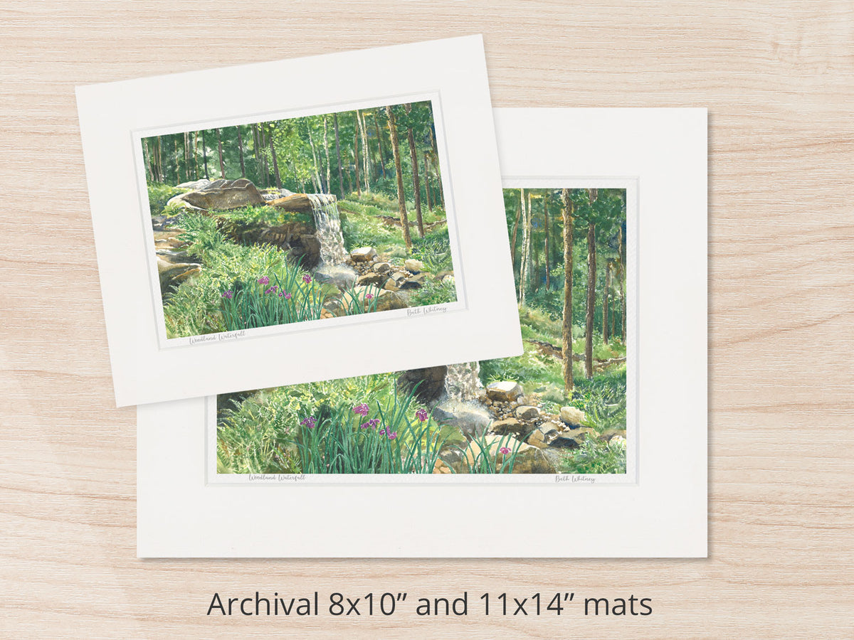 Archival watercolor prints of Woodland Waterfall, Coastal Maine Botanical Gardens, Boothbay, Maine, shown in 8x10 and 11x14 mat sizes.
