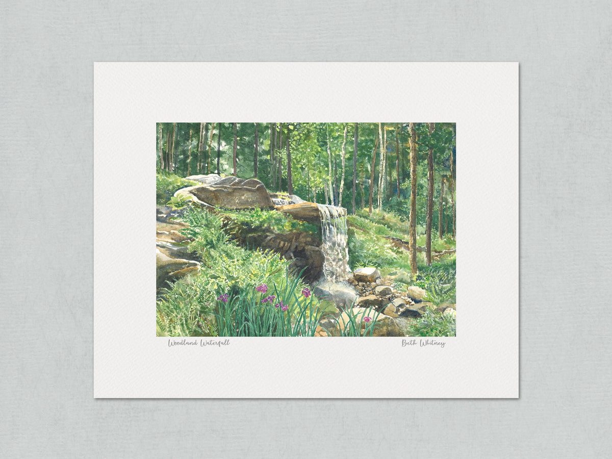 Unmatted archival watercolor print of Woodland Waterfall, Coastal Maine Botanical Gardens, Boothbay, Maine, on gray background.