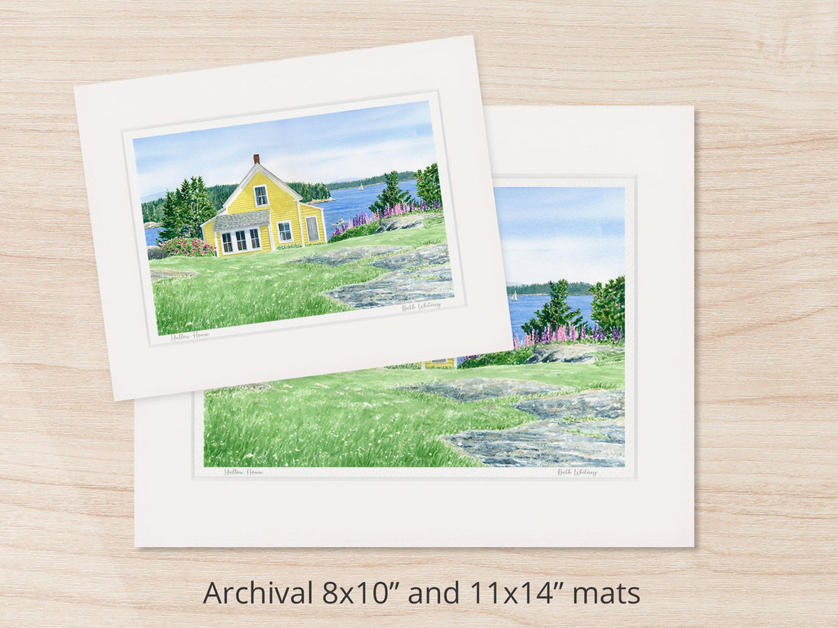 Archival watercolor prints of Yellow House, Stonington, Maine, shown in 8x10 and 11x14 mat sizes.