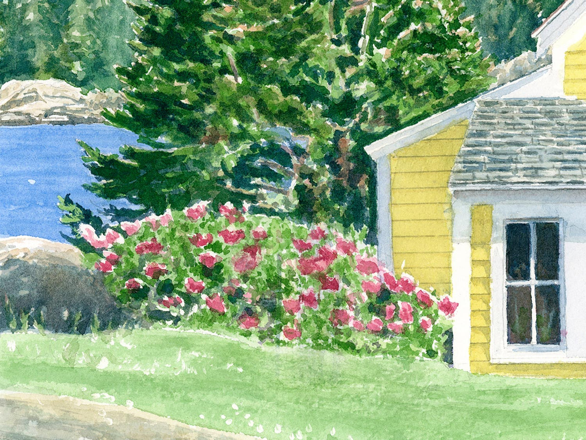 Close-up detail of original watercolor painting of Yellow House, showing lupine and roses beside the yellow cottage in Stonington.