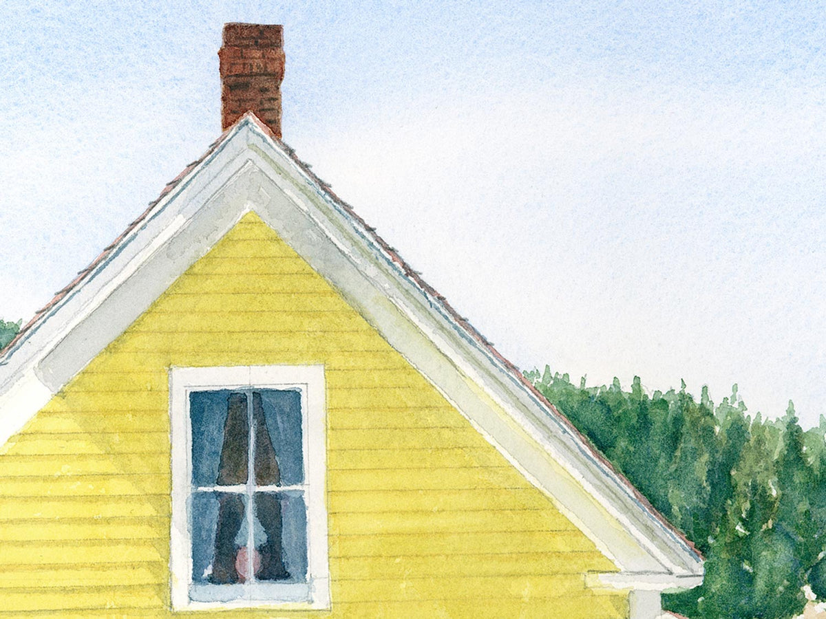 Close-up detail of original watercolor painting of Yellow House, showing the siding and chimney details with distant trees.