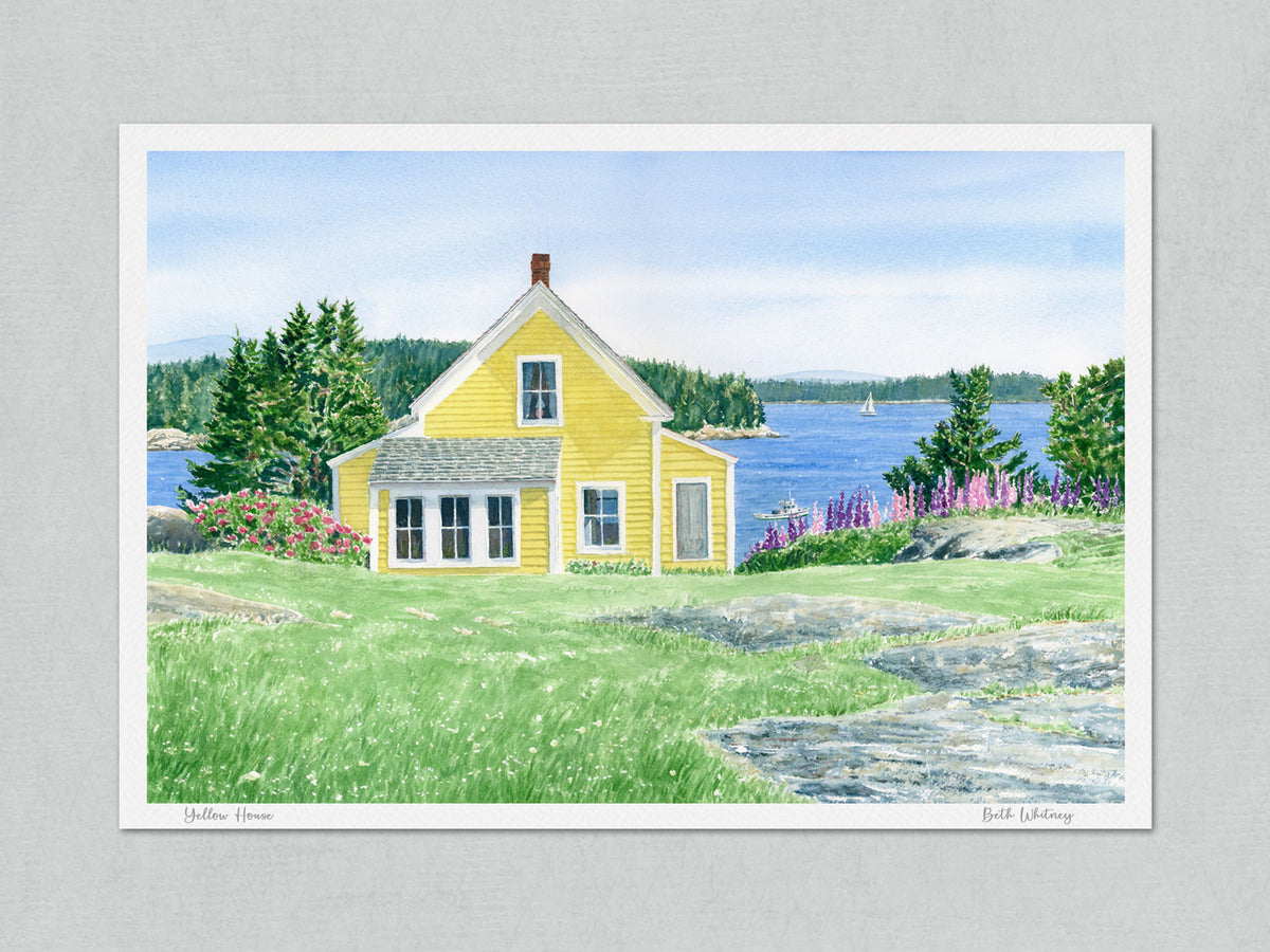 Unmatted archival watercolor print of Yellow House, Stonington, Maine, with the artist's signature and painting title on gray background.