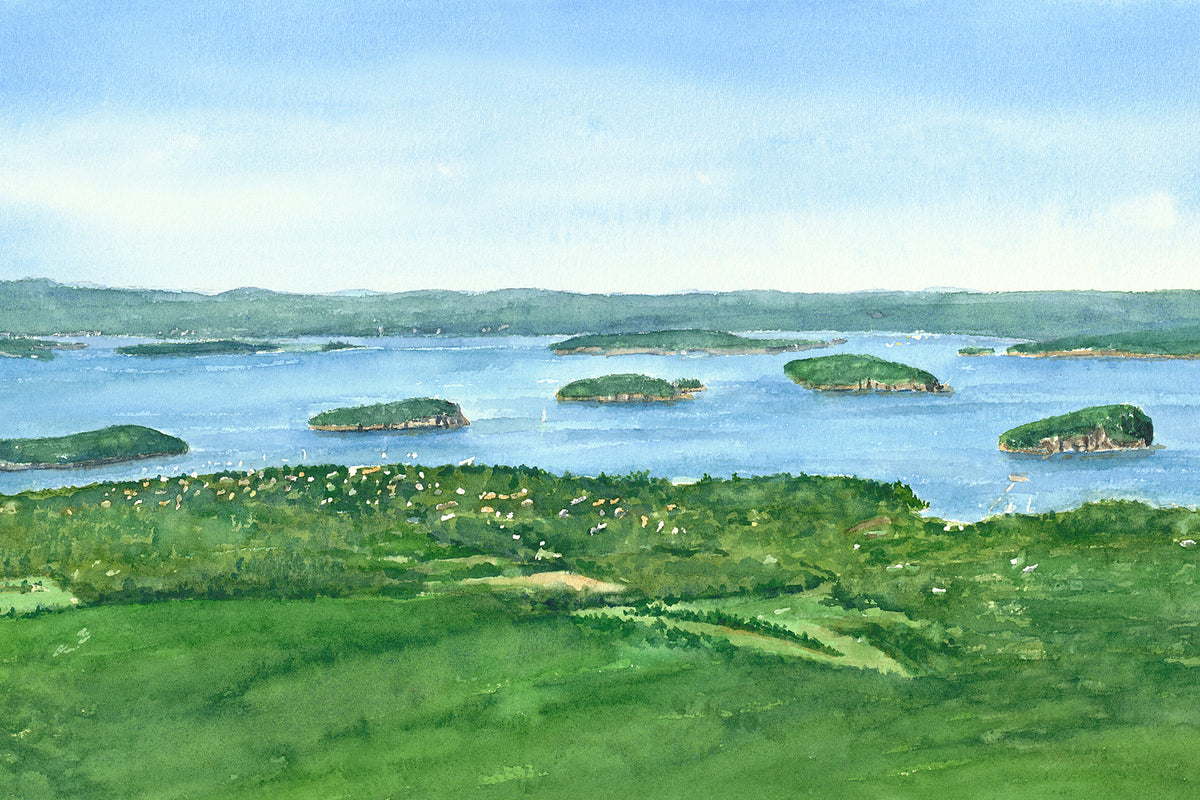 Original watercolor painting showing the view of Bar Harbor and Frenchman's Bay islands from Cadillac Mountain, Acadia National Park, by Beth Whitney.