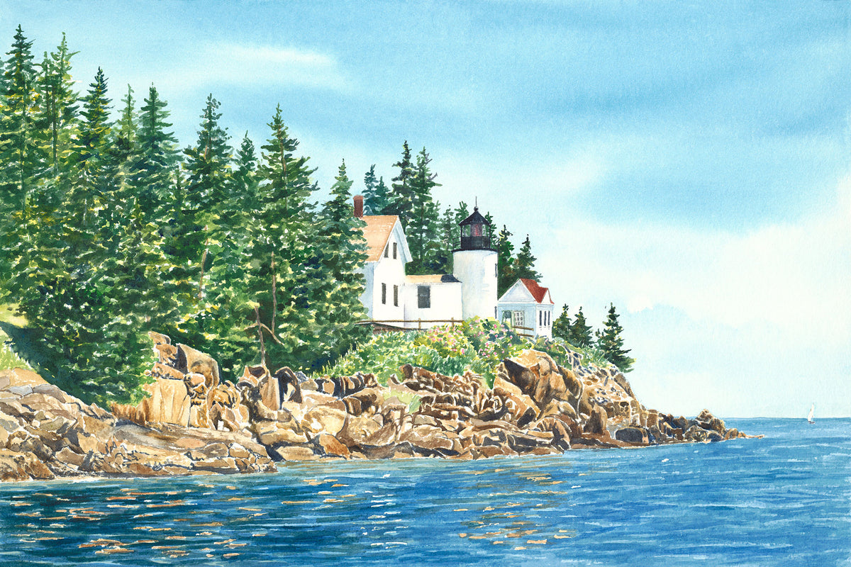 Original watercolor painting titled “Bass Harbor Light Left,” depicting Bass Harbor Head Light in Acadia National Park from a left-side perspective, by Beth Whitney.