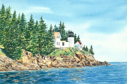 Original watercolor painting titled “Bass Harbor Light Left,” depicting Bass Harbor Head Light in Acadia National Park from a left-side perspective, by Beth Whitney.