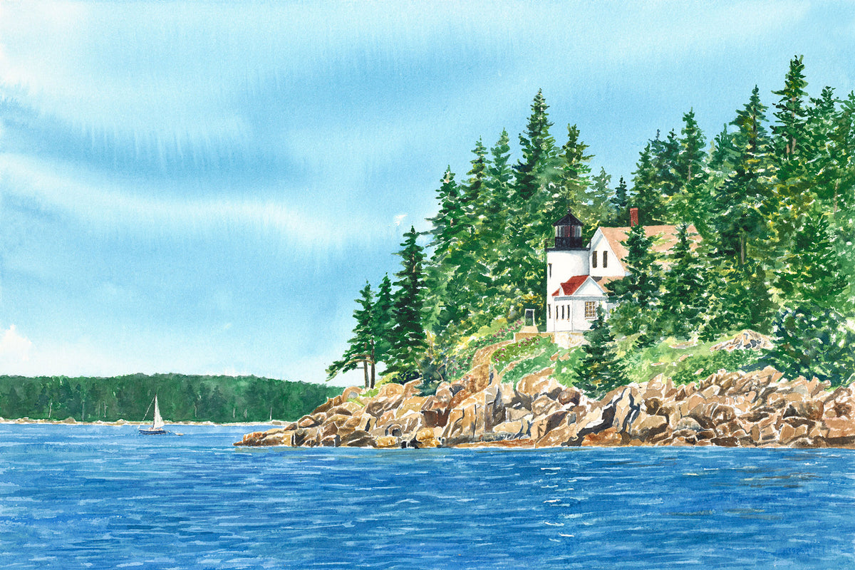 Original watercolor painting of Bass Harbor Light, Right, rocky cliffs and Blue Hill Bay, Acadia National Park, by Beth Whitney.
