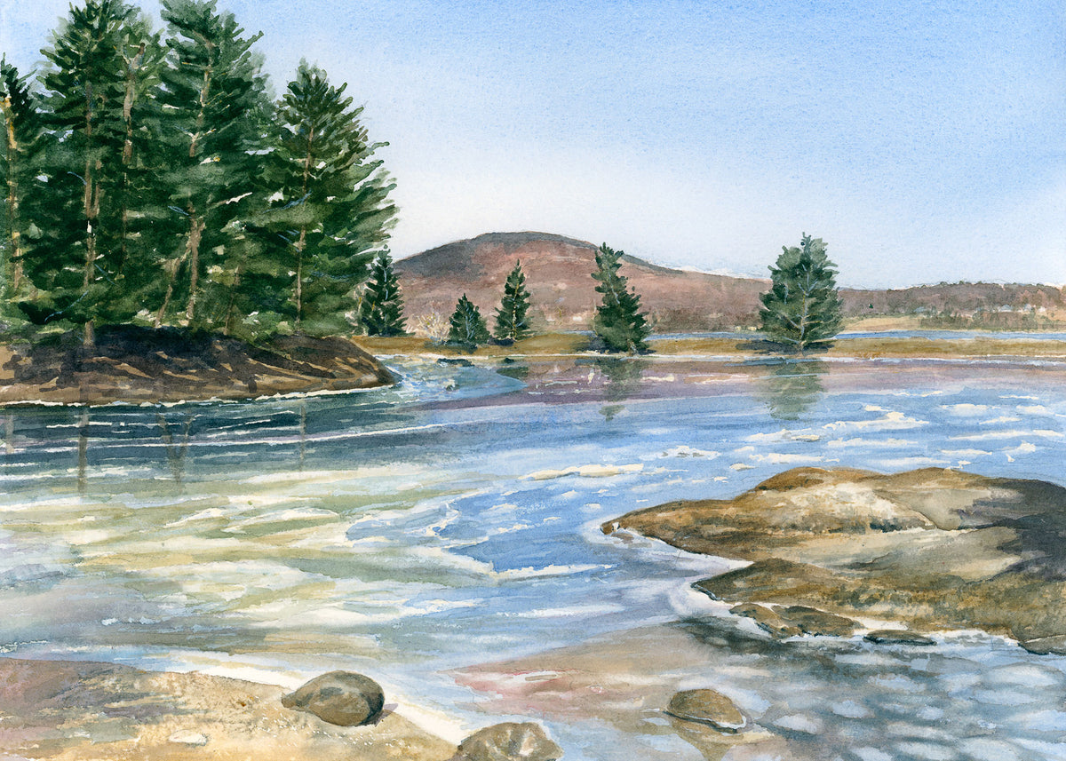 Original watercolor painting of Blue Hill Harbor in winter, icy cove with glowing colors along Parker Point Road, by Beth Whitney.
