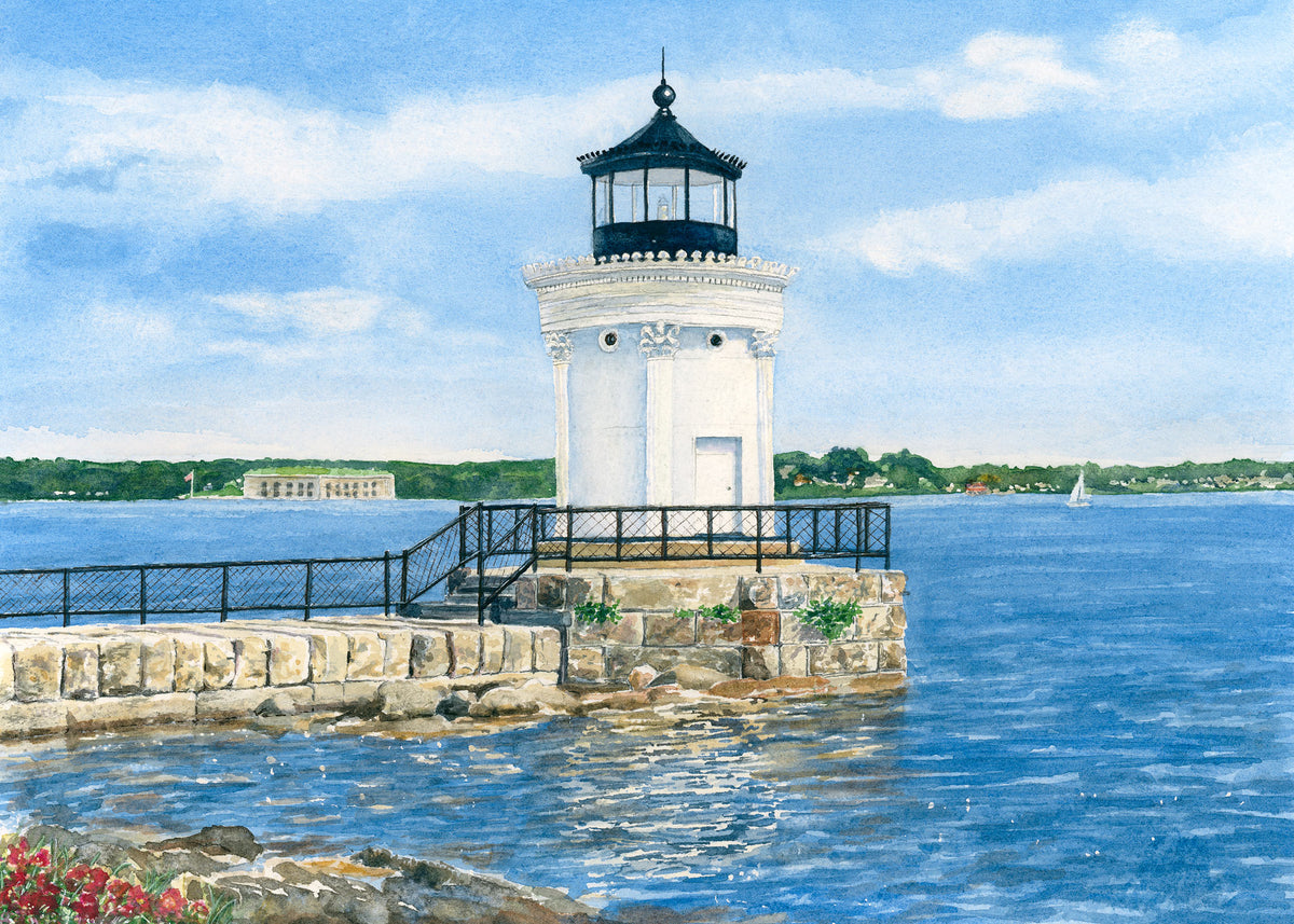Original watercolor painting of Bug Light, Portland Breakwater Light, at the end of the Greenbelt Walkway, South Portland, Maine, by Beth Whitney.