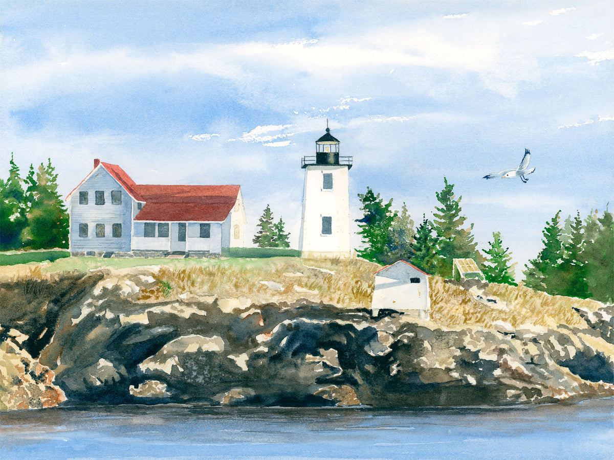 Original watercolor painting of Burnt Coat Harbor Light on Hockamock Head, Swans Island, Maine, with red roof and early fall golden grass, by Beth Whitney.