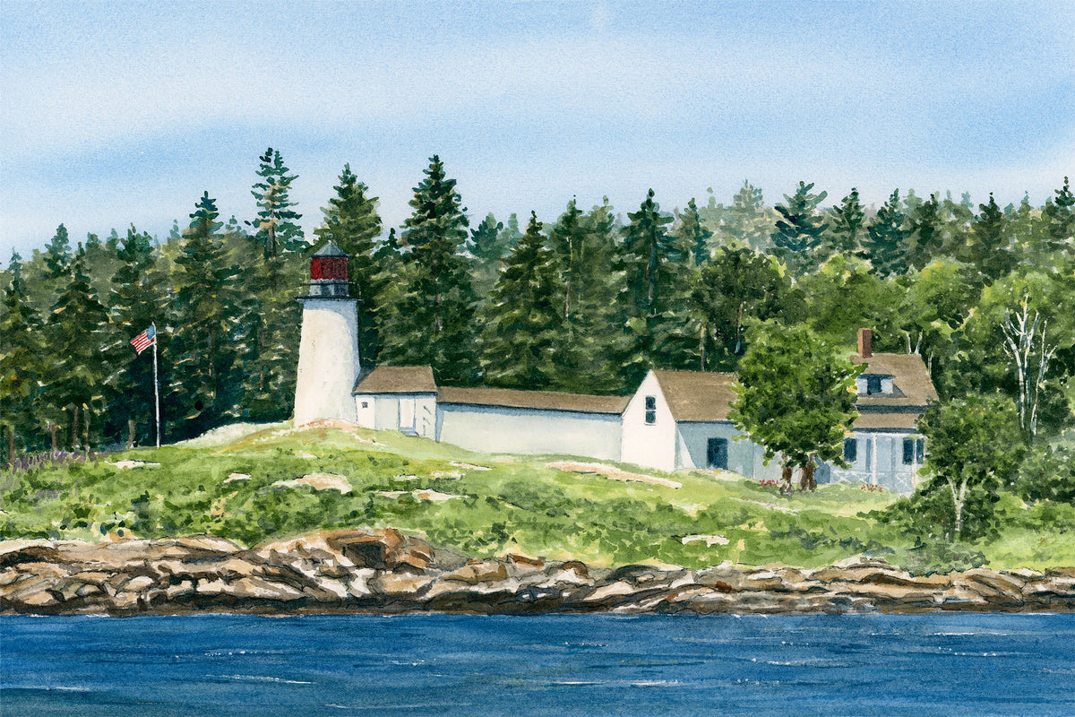 Original watercolor painting of Burnt Island Light, Boothbay Harbor, Maine, side view from Spruce Point with lupine and dark tree backdrop, by Beth Whitney.