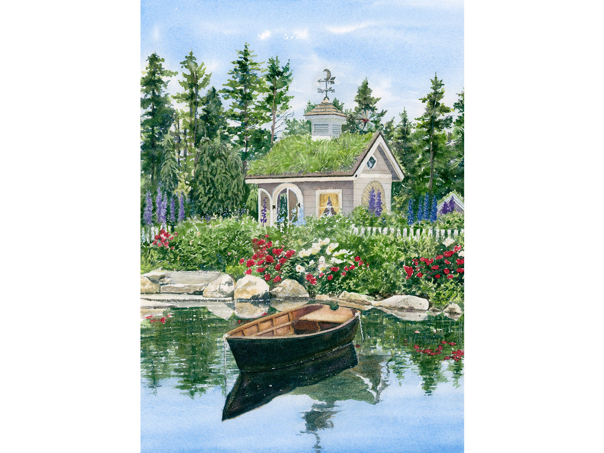Original watercolor painting of the Children's Garden at Coastal Maine Botanical Gardens, Boothbay, Maine, with playhouse, pond, roses, and delphiniums, by Beth Whitney.