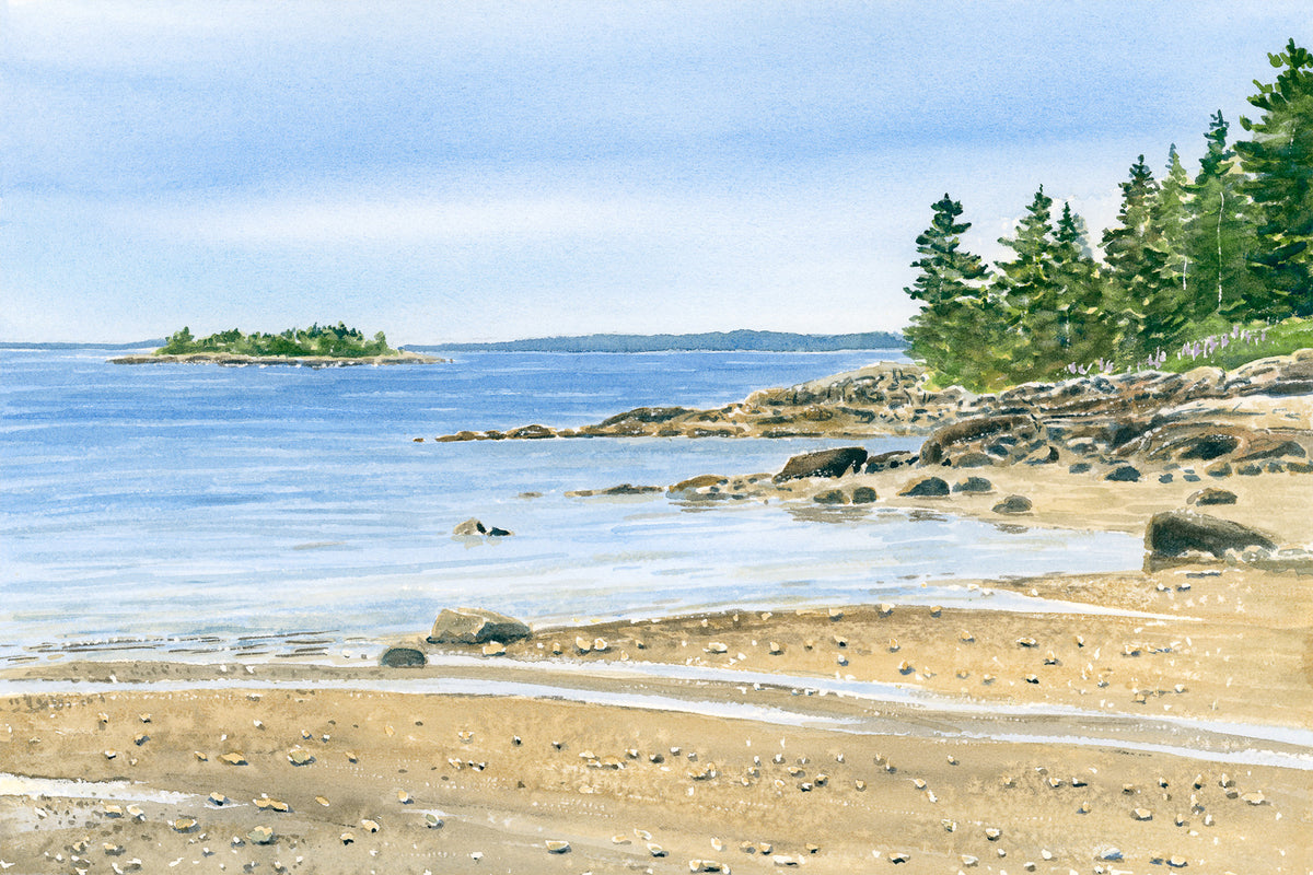 Original watercolor painting of Curtis Cove Beach, East Blue Hill, Maine, with sandy shore, rocky outcroppings, and dark evergreen trees, by Beth Whitney.