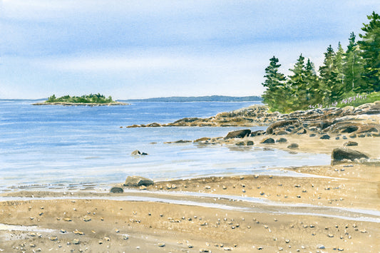 Original watercolor painting of Curtis Cove Beach, East Blue Hill, Maine, with sandy shore, rocky outcroppings, and dark evergreen trees, by Beth Whitney.