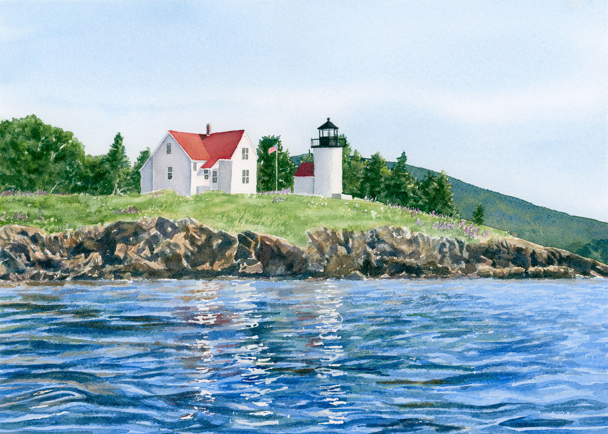 Original watercolor painting of Curtis Island Light, Camden Harbor, Maine, with glassy reflections and pink and purple tones, by Beth Whitney.