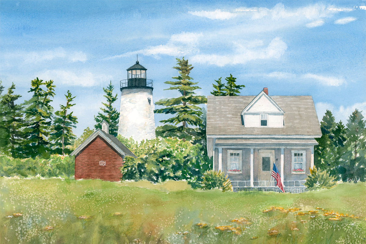 Original watercolor painting of Dice Head Light, Castine, Maine, with warm golds and greens framing the lighthouse and keeper's house, by Beth Whitney.