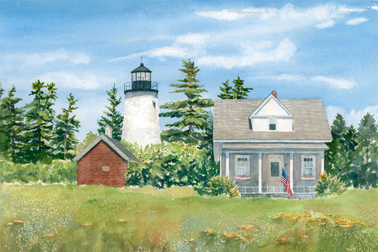 Original watercolor painting of Dice Head Light, Castine, Maine, with warm golds and greens framing the lighthouse and keeper's house, by Beth Whitney.