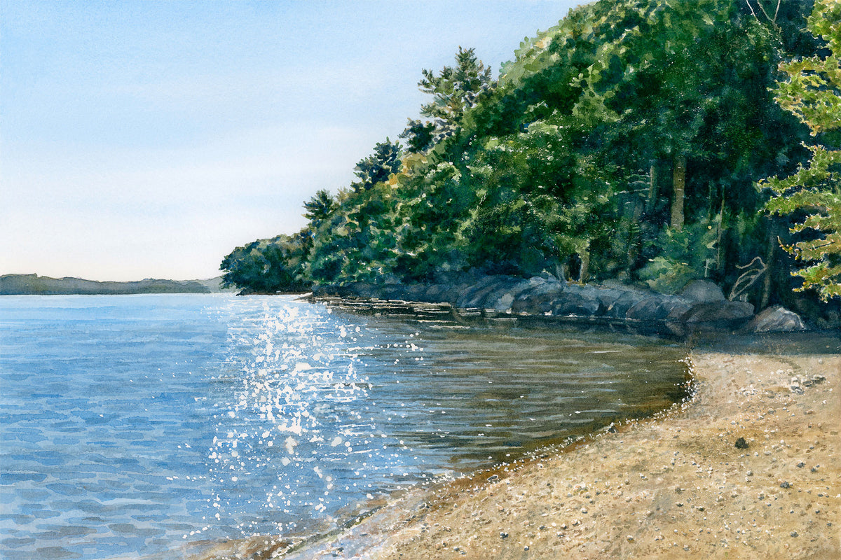 Original watercolor painting of Dodge Point Preserve, Newcastle, Maine, with a sandy beach and shimmering Damariscotta River on a summer day, by Beth Whitney.