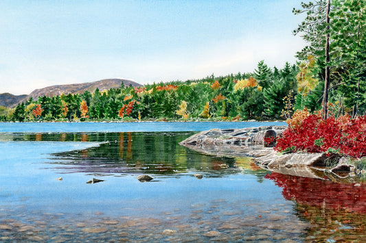 Original watercolor painting of Eagle Lake in fall, Acadia National Park, Maine, with brilliant red and gold foliage along the carriage road, by Beth Whitney.