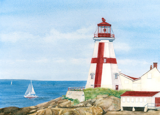 Original watercolor painting of East Quoddy Head Light, Campobello Island, New Brunswick, with red cross tower and deep blue Bay of Fundy, by Beth Whitney.