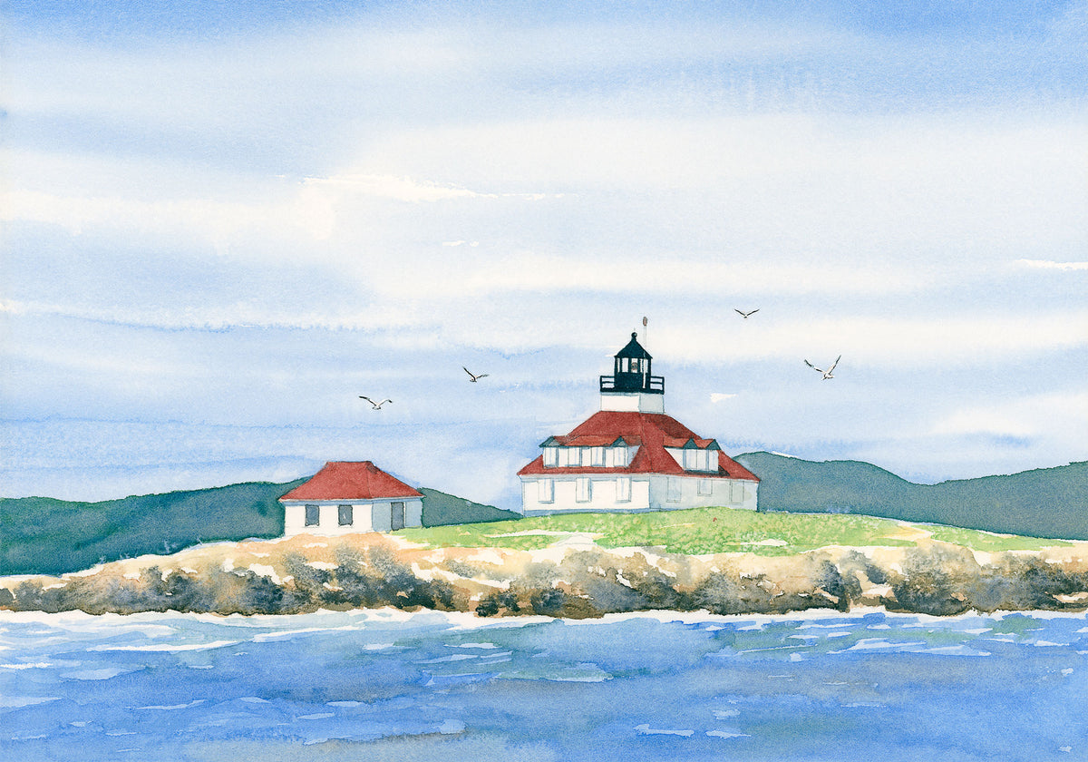 Original watercolor painting of Egg Rock Lighthouse in Frenchman's Bay, Mount Desert Island, Maine, with soothing blues and greens and a red lighthouse, by Beth Whitney.