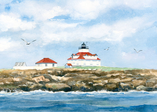 Original watercolor painting of Egg Rock Light surrounded by crashing surf and golden rocks, Bar Harbor, Maine, by Beth Whitney.