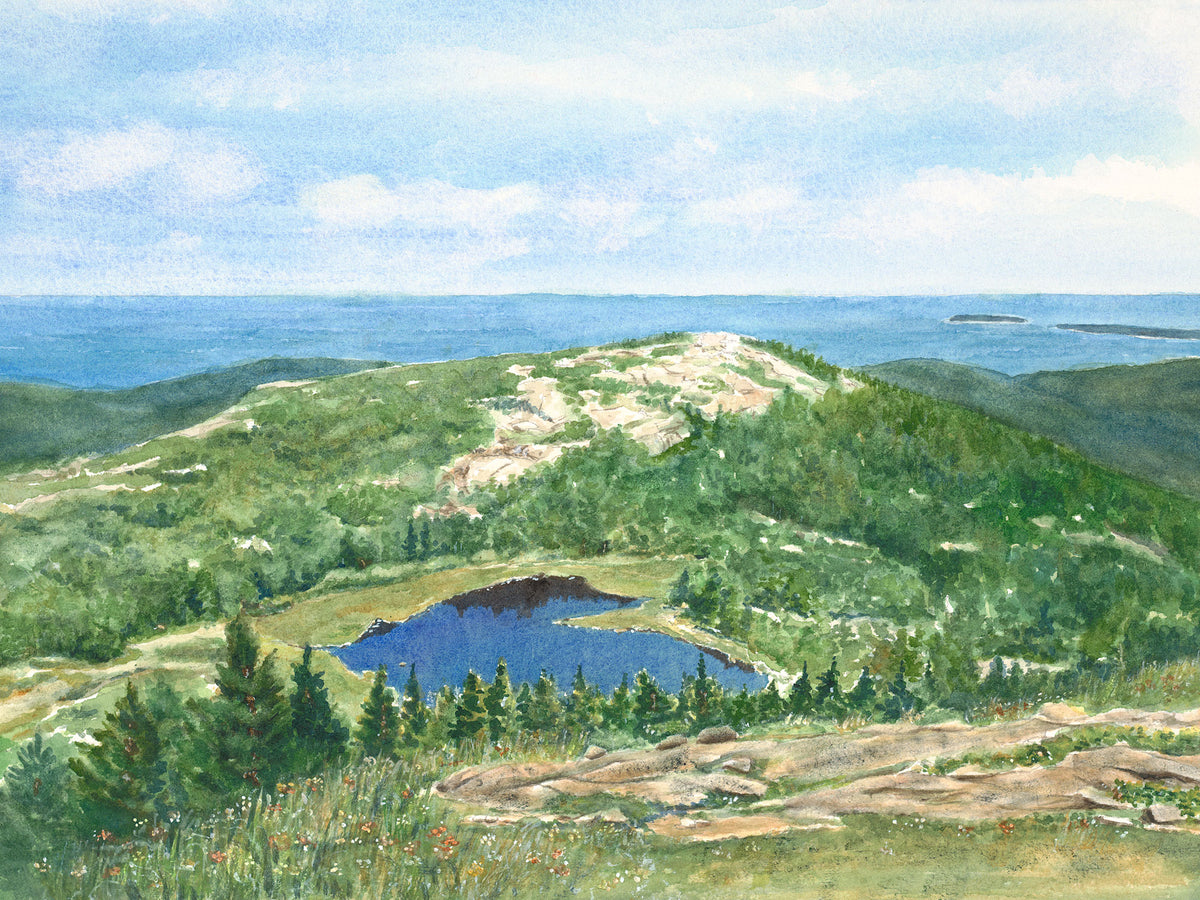Original watercolor painting of The Featherbed glacial pond on Cadillac Mountain's South Ridge trail, Acadia National Park, Maine, with the Cranberry Isles beyond, by Beth Whitney.