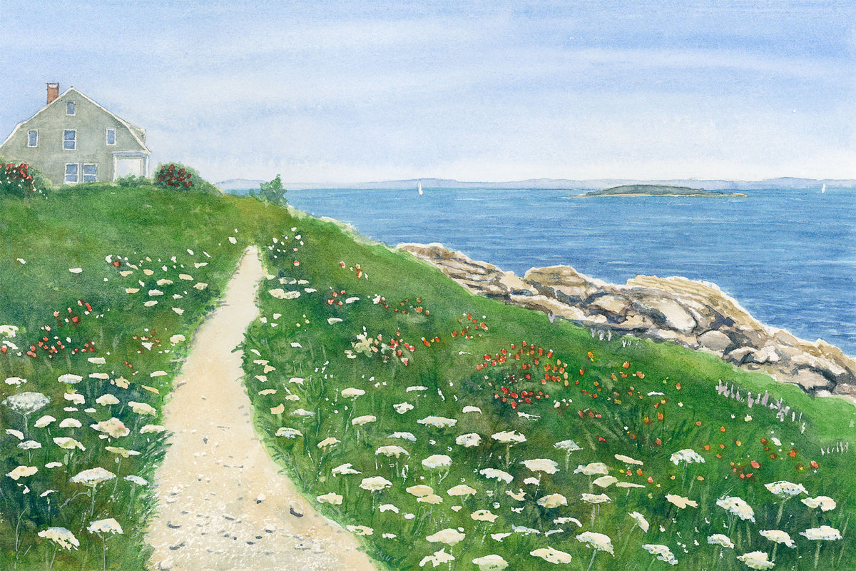 Original watercolor painting of Giant Stairs Path, Bailey Island, Harpswell, Maine, with Queen Anne's Lace, rose hips, and ocean views on a late summer day, by Beth Whitney.