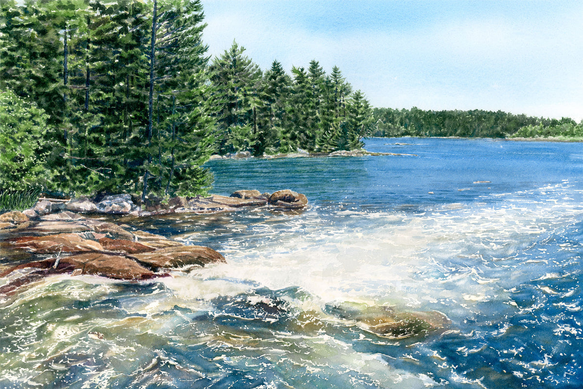 Original watercolor painting of Goose Falls tidal waterfall, Harborside, Maine, with rushing white water, rocky shore, and deep blue water beyond, by Beth Whitney.