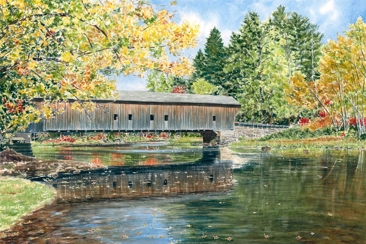 Original watercolor painting of Hemlock Bridge over the Old Course Saco River in Fryeburg, Maine, surrounded by golden and red fall foliage, by Beth Whitney.