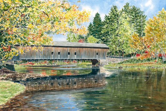 Original watercolor painting of Hemlock Bridge over the Old Course Saco River in Fryeburg, Maine, surrounded by golden and red fall foliage, by Beth Whitney.