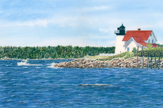 Original watercolor painting of Hendricks Head Lighthouse on Southport Island off Boothbay Harbor, Maine, by Beth Whitney.
