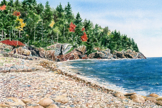 Original watercolor painting of Hunters Beach Fall, Seal Harbor, Maine, with cobblestone shore, cliffs, early fall foliage, and deep blue ocean, by Beth Whitney.